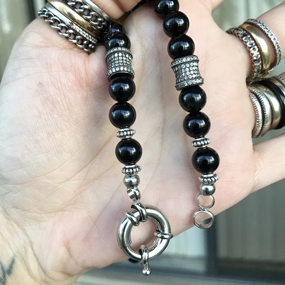 Genuine onyx fancy clasp rodhium cz charm choker - Picture 3 of 8